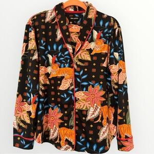 Anthropologie Room Service Tiger Floral Jungle Pajama Top Shirt PJ Large